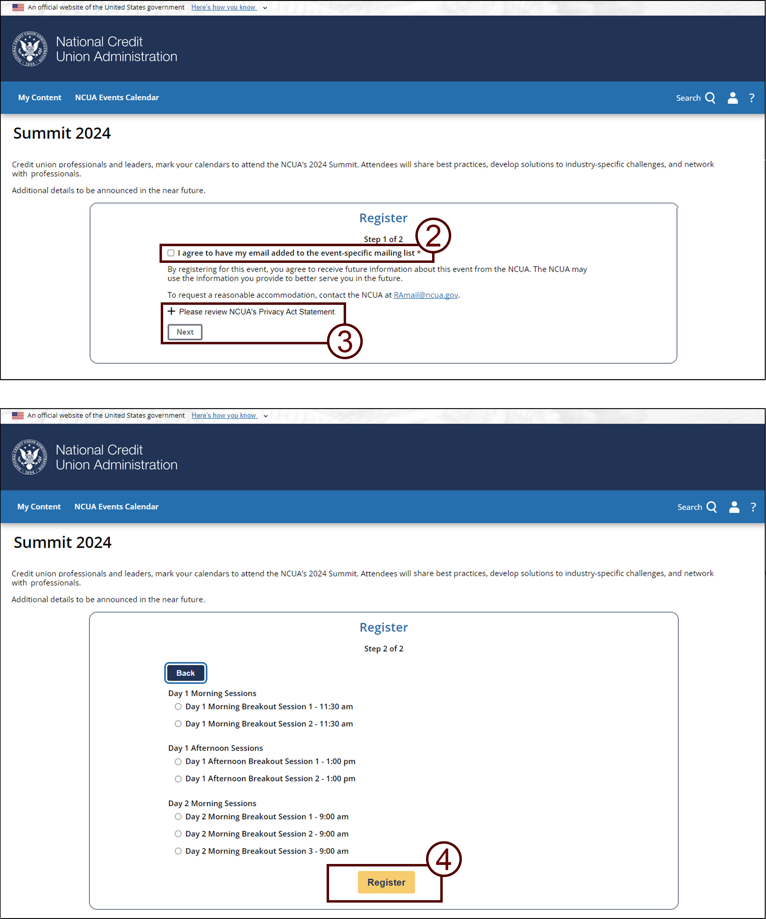 Screenshots of page 1 and page 2 of the registration for an event, if the user is not logged in.