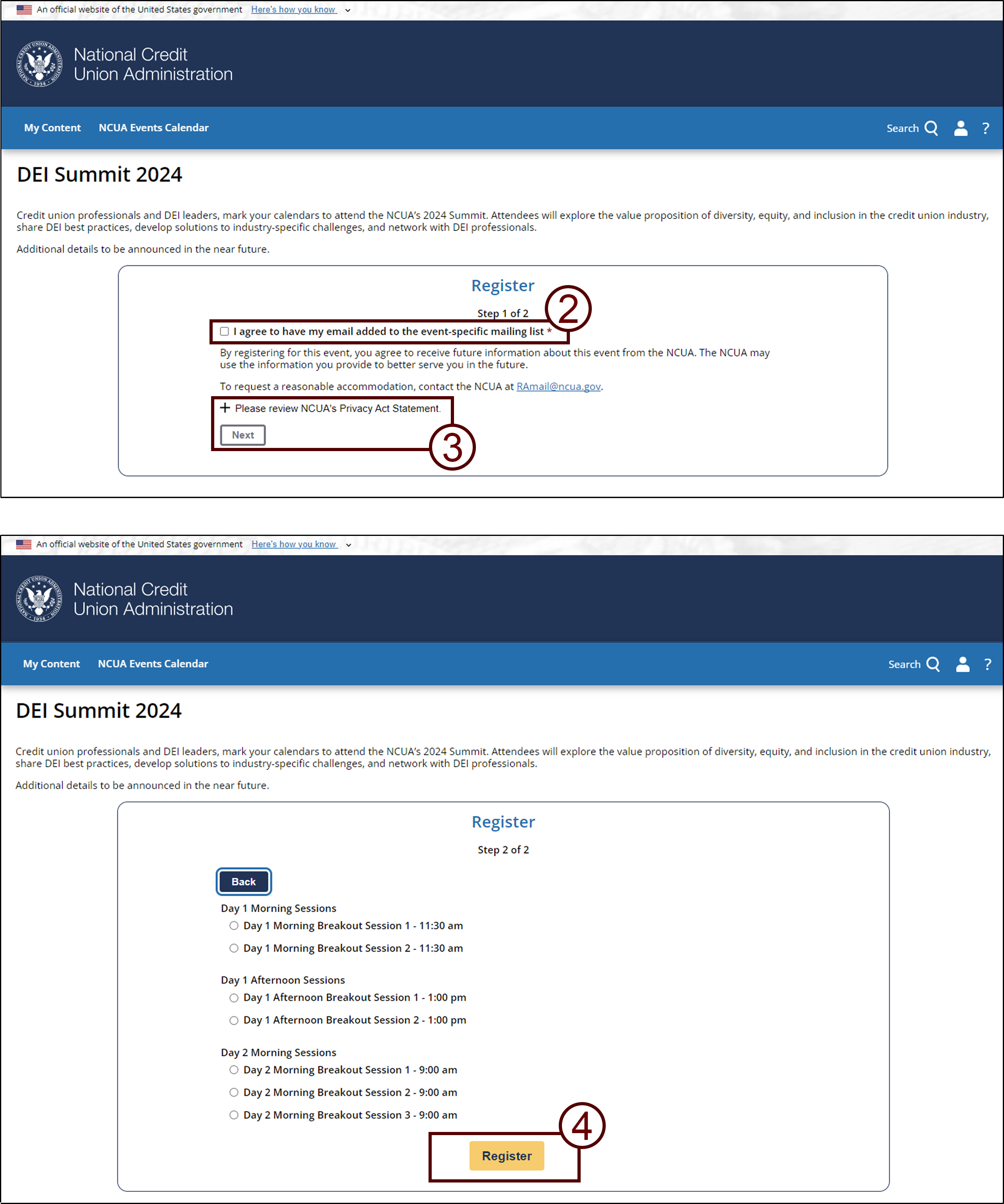 Screenshots of page 1 and page 2 of the registration for an event .