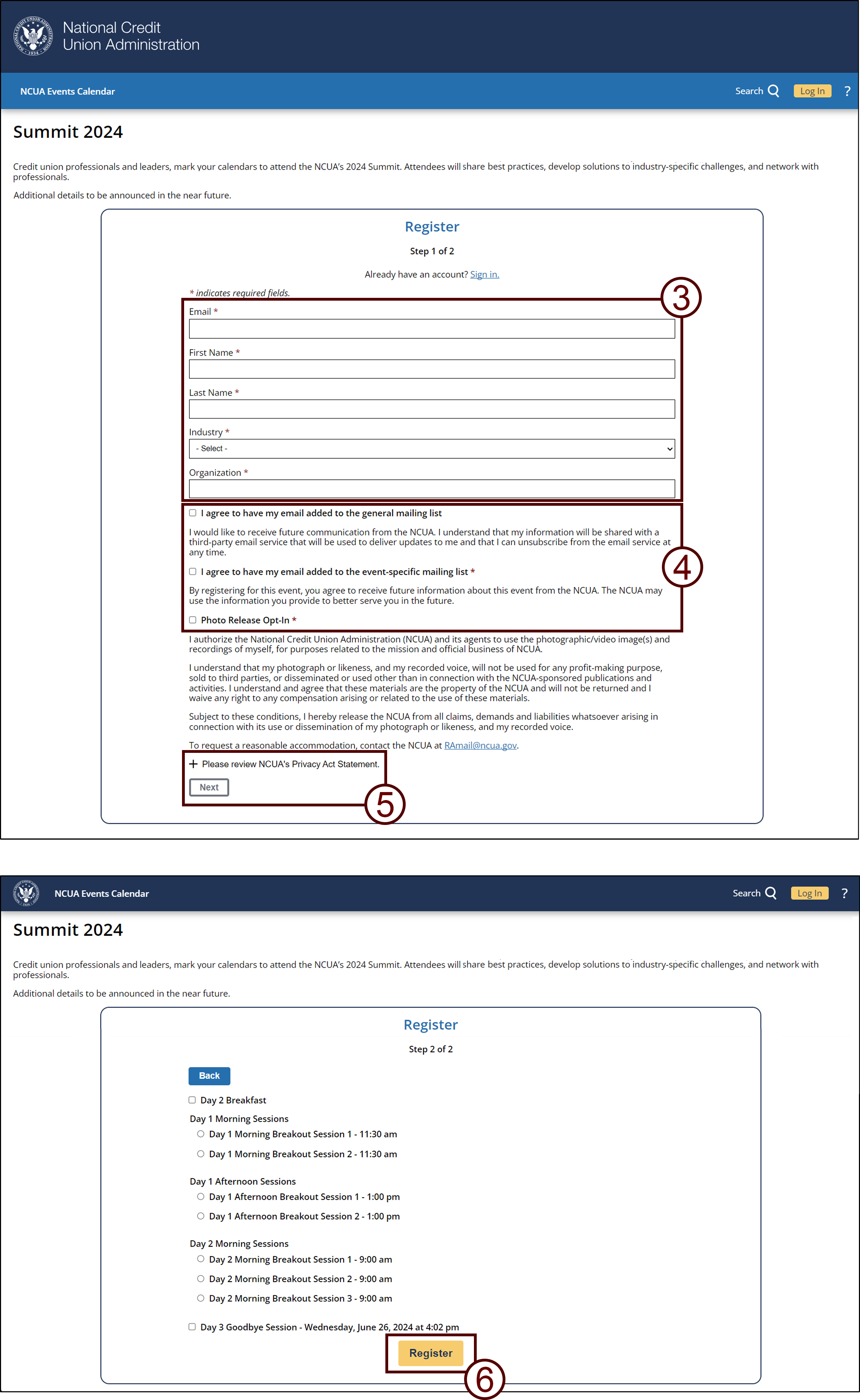 Screenshots of page 1 and page 2 of the registration for an event .