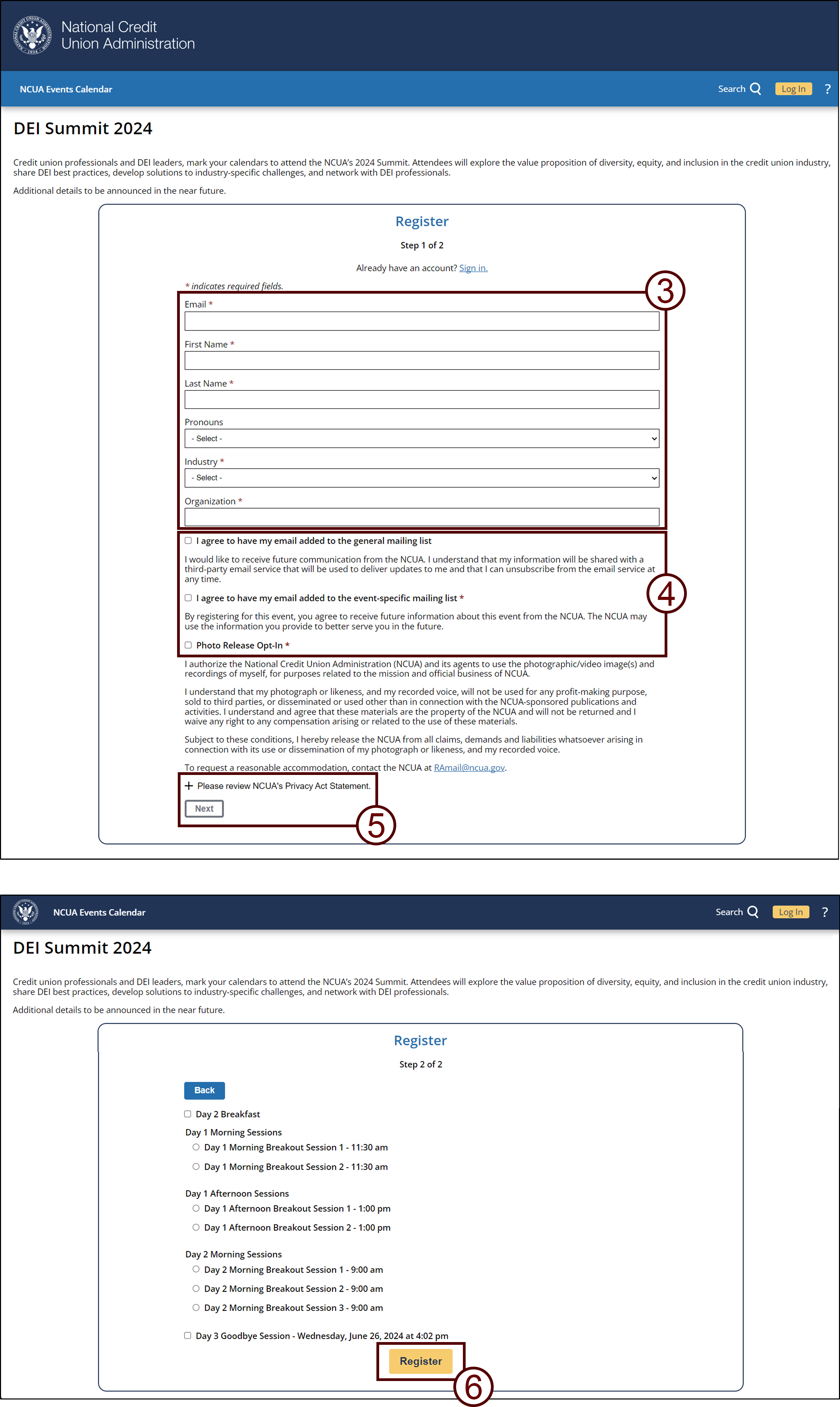 Screenshot of the two step registration process for a user that does not have an account.