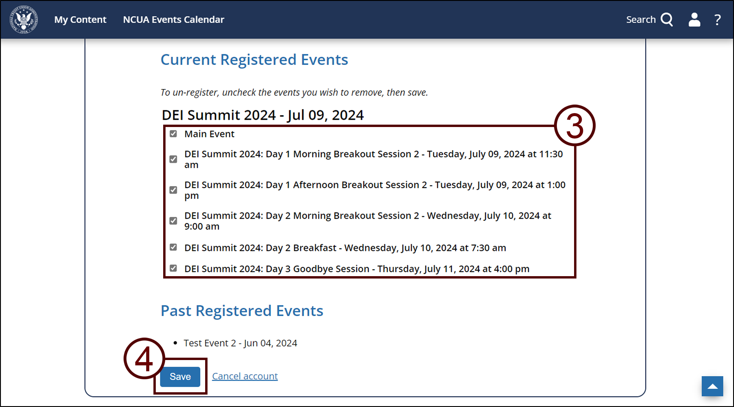 Screenshot of My Account page with the registered event and checkbox highlighted.