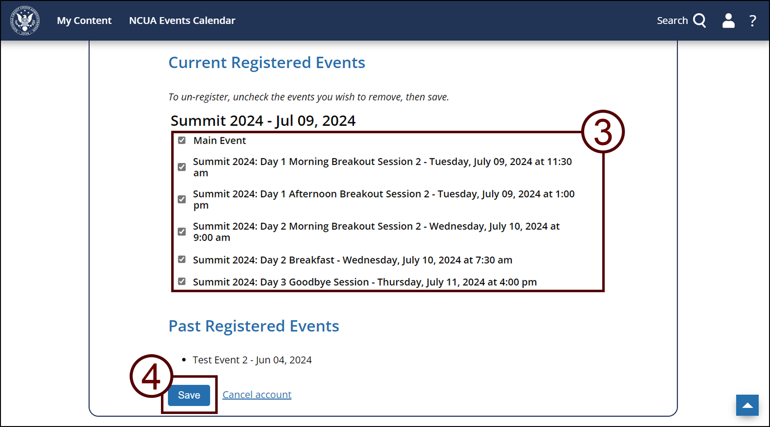 Screenshot of My Account page with the registered event and checkbox highlighted.