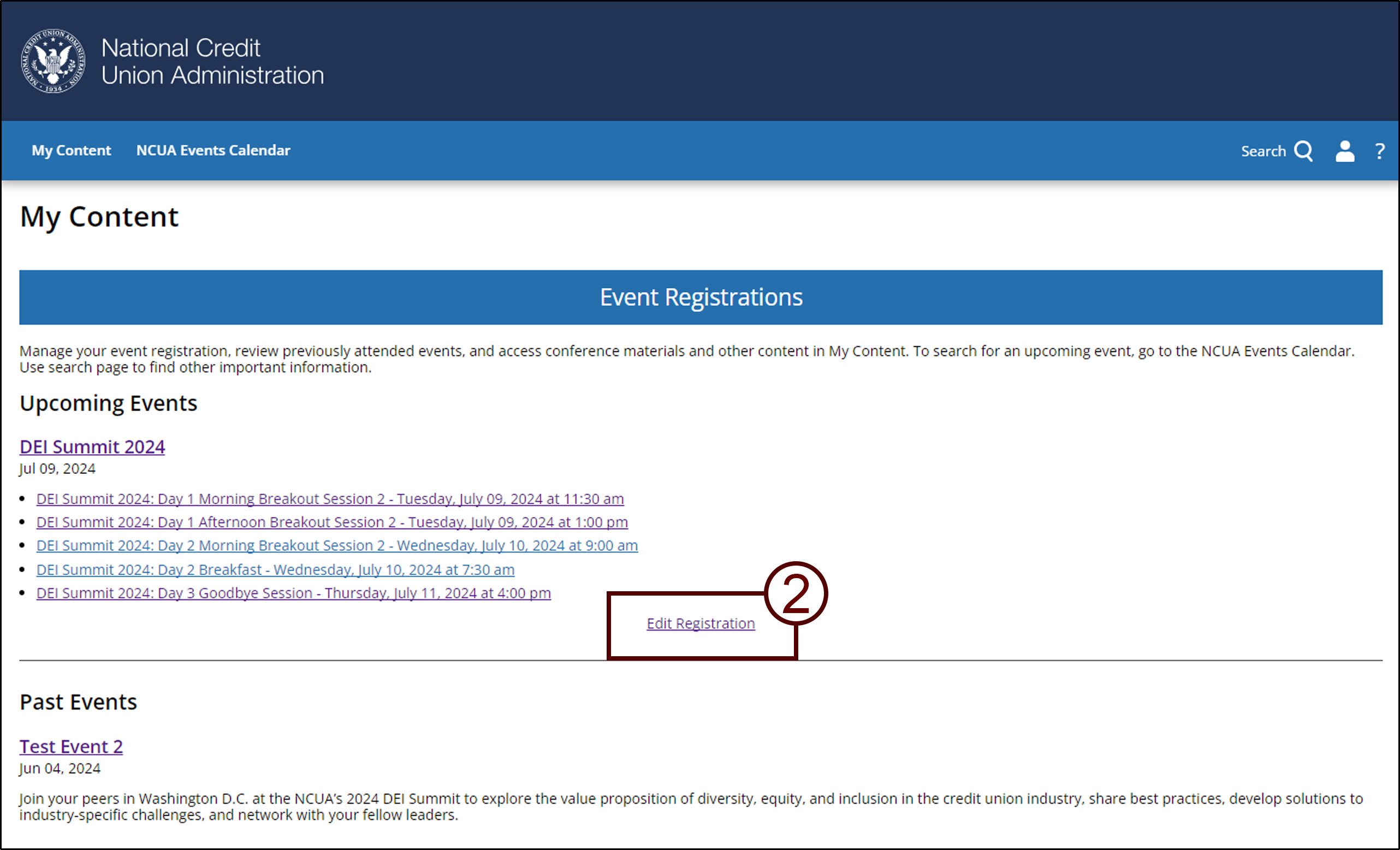 Screenshot of My Content page with the Edit Registration link highlighted.