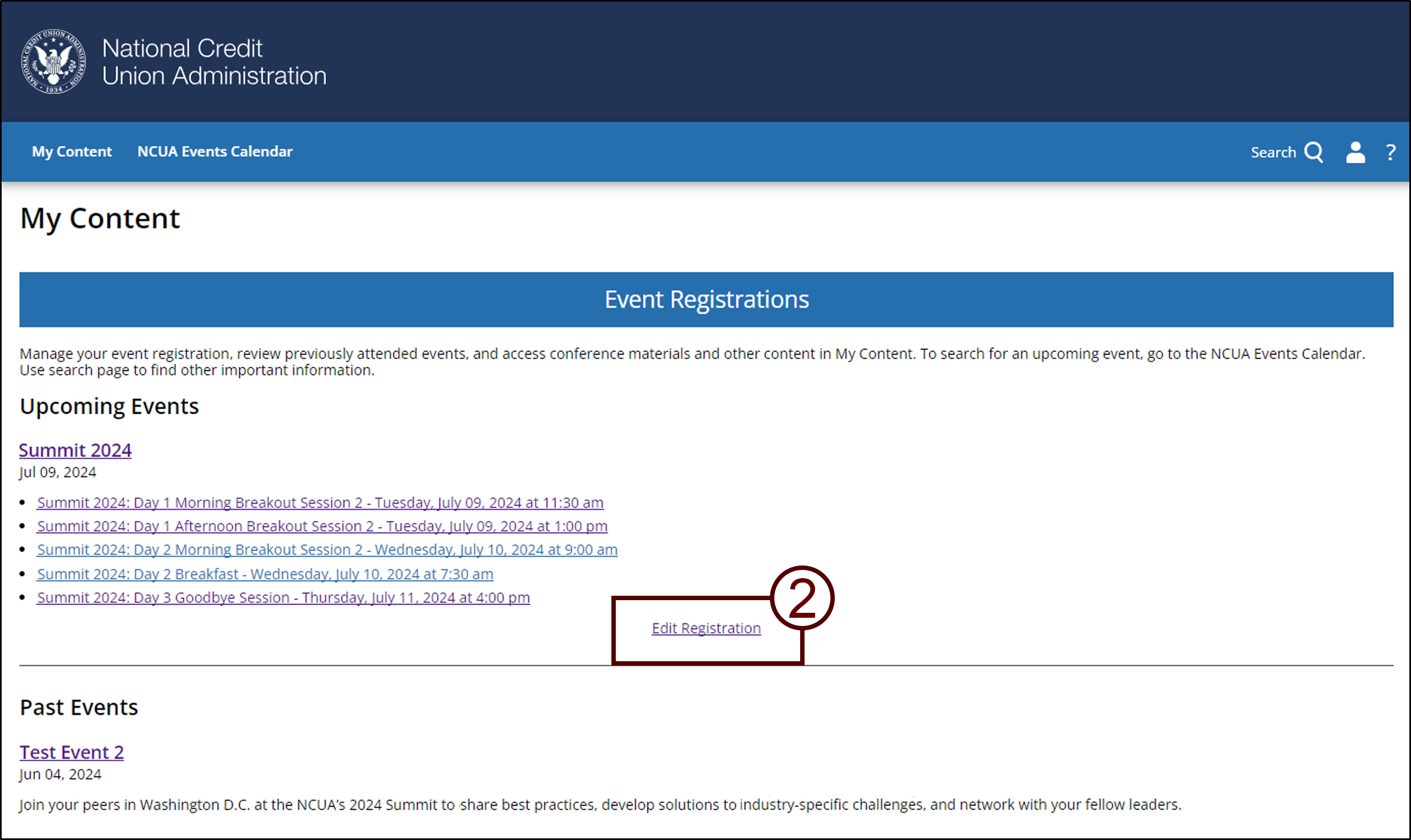 Screenshot of My Content page with the Edit Registration link highlighted.