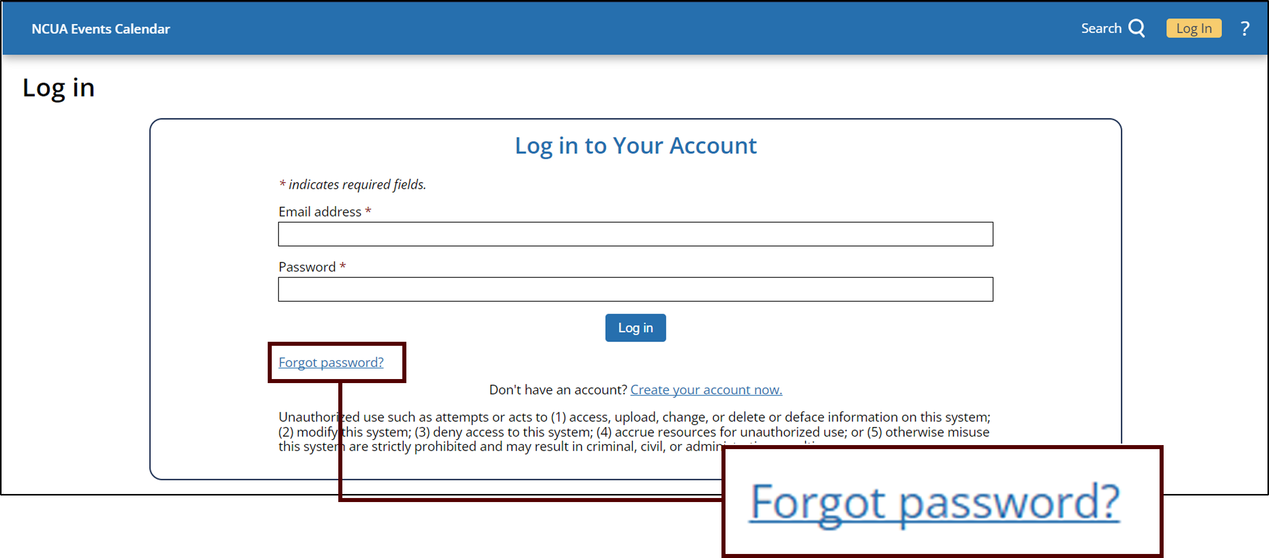 Screenshot of the Access NCUA login page with the "Forgot Password" link highlighted.