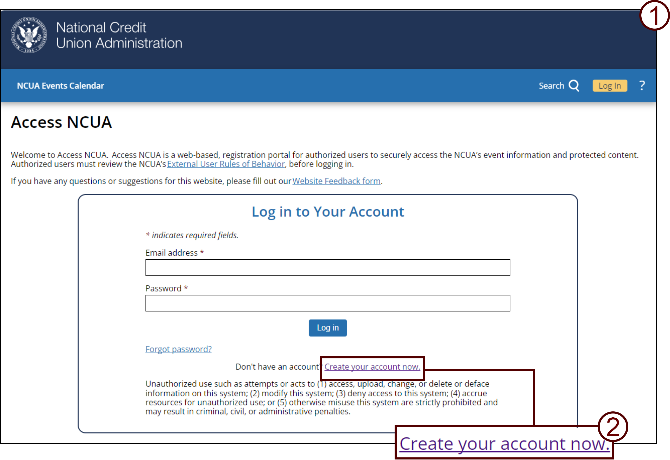 Screenshot of the "Log in to Your account" page on Access NCUA with the "Create your account now" link highlighted. 